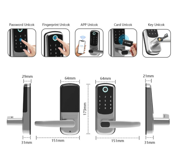 F155 LA Smart Door Lock
Black
Aluminum Alloy
Unlocking Methods: APP + Fingerprint + Password + 2 Cards + 2 Keys - Image 2