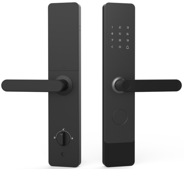 X12 Semi-automatic intelligent lock，
BLACK, 
Material: Iron
Unlocking function: Fingerprint, password, card, key.
Suitable for door thickness of 40-120mm