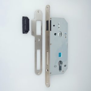 ZWF 9045 UPPER LATCH+ DEADBOLT Cylinder hole Magnet Lock body，
SATIN STAINLESS STEEL PLATE，
Magnet Latch + Iron Deadbolt