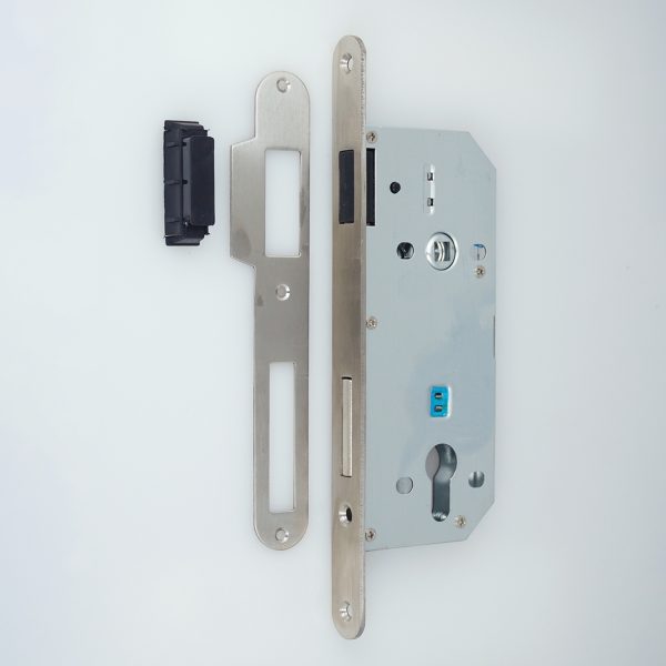 ZWF 9045 UPPER LATCH+ DEADBOLT Cylinder hole Magnet Lock body，
SATIN STAINLESS STEEL PLATE，
Magnet Latch + Iron Deadbolt