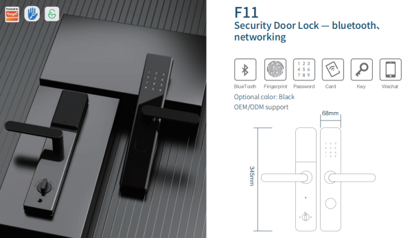 F11 Anti-Theft Door Smart Lock 
Black
Aluminum Alloy 
Unlocking Methods: APP + Fingerprint + Password + 2 Cards + 2 Keys
Suitable for door thickness of 40-120mm