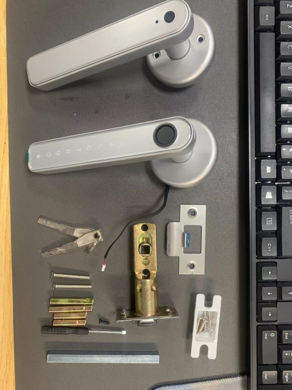 F190 Smart Lock with Deadbolt,
with 2 brass Keys without Battery,
silver
zinc alloy material
Fingerprint, Password, Card, Key Unlock 
Rosette diameter 65mm,  screw hole distance 42mm. 
Suitable for 35-55mm door thickness