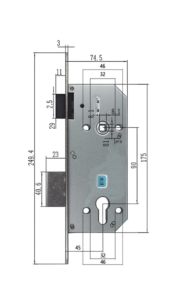 ZWF 9045 UPPER LATCH+ DEADBOLT Cylinder hole Magnet Lock body，
SATIN STAINLESS STEEL PLATE，
Magnet Latch + Iron Deadbolt - Image 2