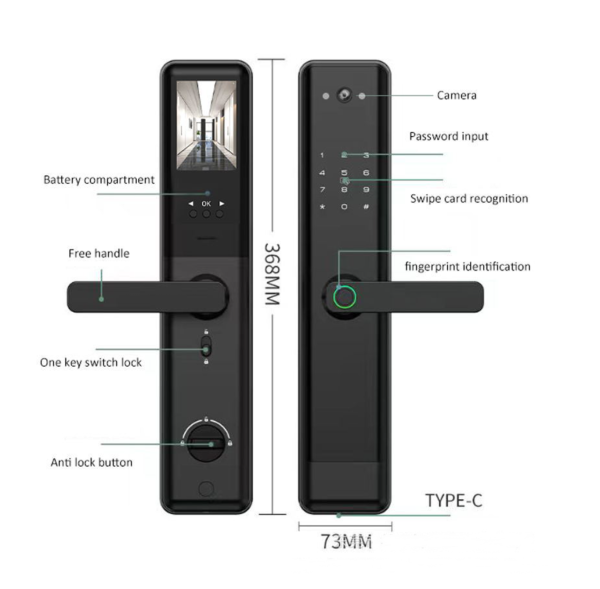 Anti-Theft Door Smart Lock (Waterproof)
Black
Aluminum Alloy
Unlocking Methods: APP + Fingerprint + Password + 2 Cards + 2 Keys - Image 2
