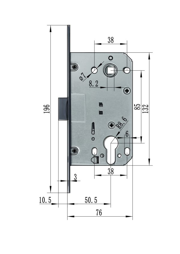 XB 8550PVC(410AGB) MIDDLE LATCH Cylinder hole Lock Body,
Black - Image 2