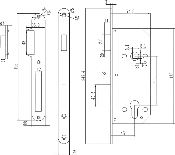 ZWF 9045 UPPER LATCH+ DEADBOLT Cylinder hole Magnet Lock body，
SATIN STAINLESS STEEL PLATE，
Magnet Latch + Iron Deadbolt - Image 4